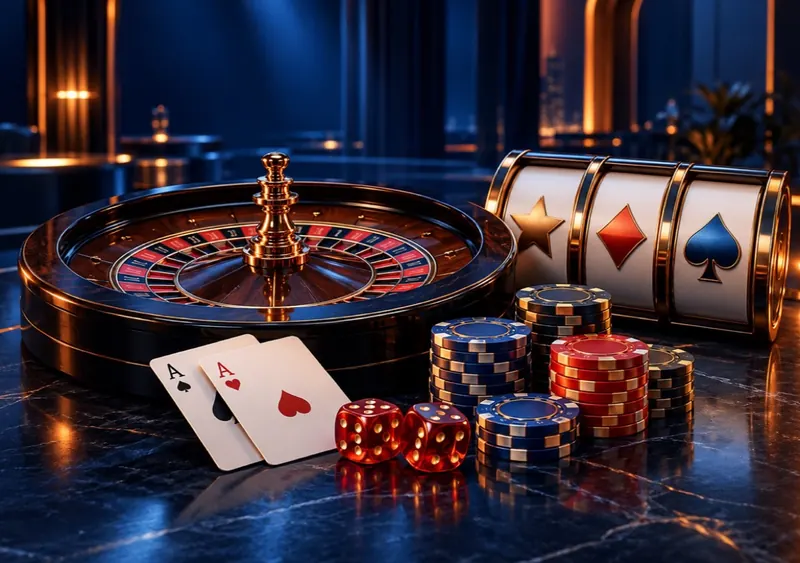 Rulet, kart, zar, slot ve casino fişlerinden oluşan casino oyunları görseli