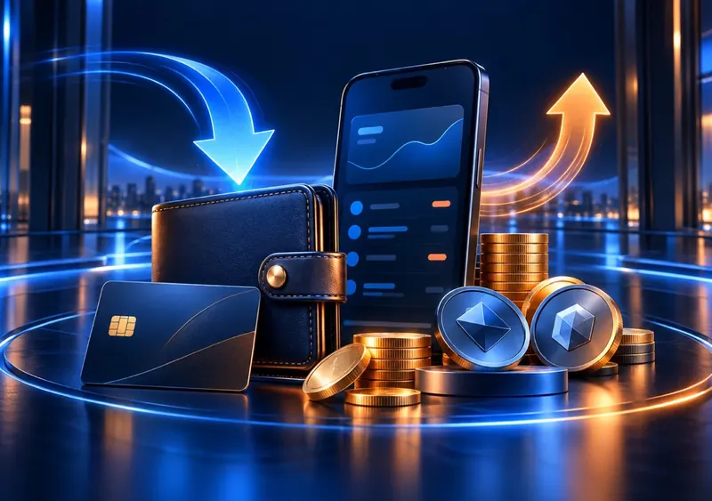 Para yatırma ve çekme işlemlerini temsil eden dijital cüzdan, telefon ve kart