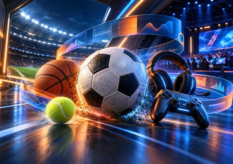 Futbol, basketbol, tenis ve e-spor seçeneklerini temsil eden spor ekipmanları