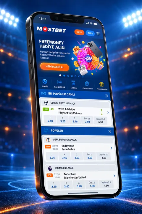 Stadyum ışıkları önünde Mostbet spor bahisleri mobil ekranı