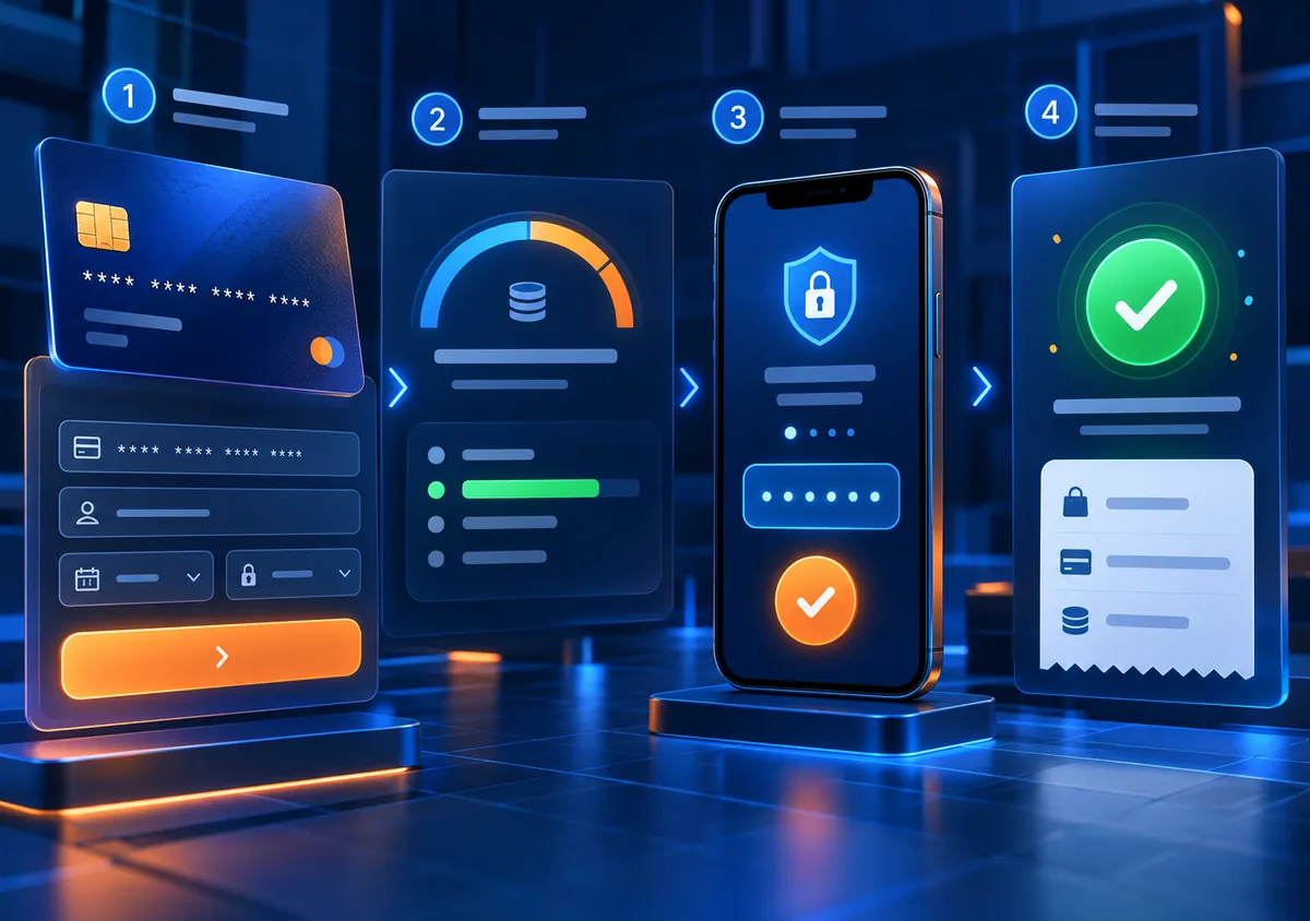 Kredi kartı bilgisi, limit, güvenlik doğrulaması ve başarılı işlem adımları
